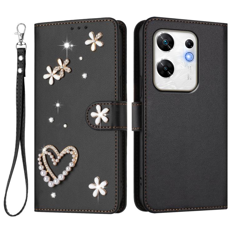 For Infinix Zero 30 4G ZS01 Double-Layer Heart Floral Vegan Leather Phone Case with Wrist Strap