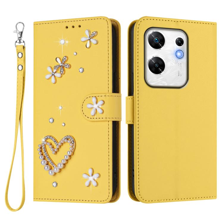 For Infinix Zero 30 4G ZS01 Double-Layer Heart Floral Vegan Leather Phone Case with Wrist Strap