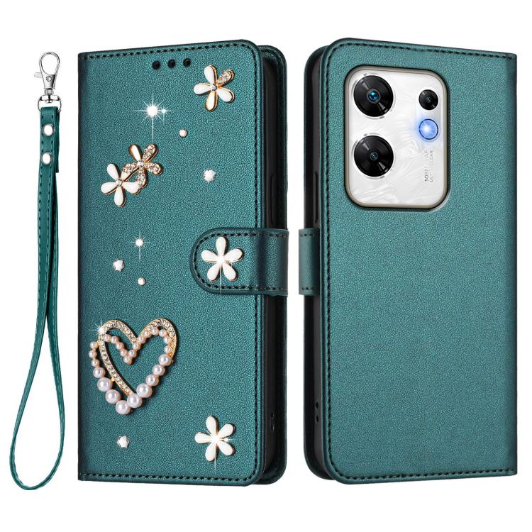 For Infinix Zero 30 4G ZS01 Double-Layer Heart Floral Vegan Leather Phone Case with Wrist Strap