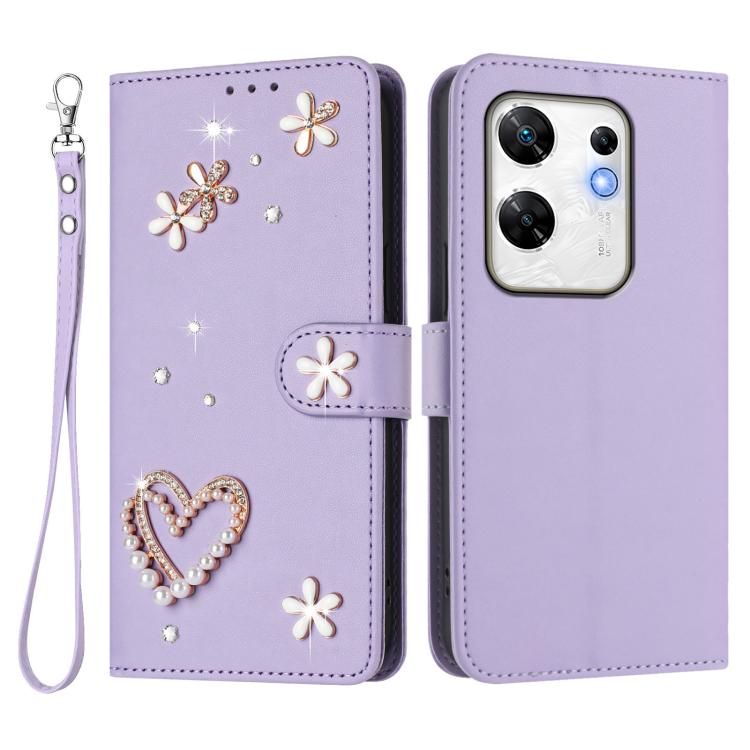 For Infinix Zero 30 4G ZS01 Double-Layer Heart Floral Vegan Leather Phone Case with Wrist Strap