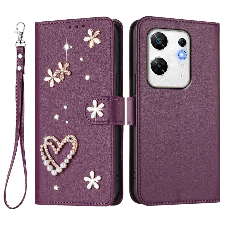 For Infinix Zero 30 4G ZS01 Double-Layer Heart Floral Vegan Leather Phone Case with Wrist Strap