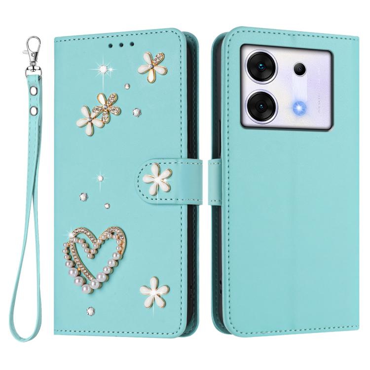 For Infinix Zero 30 5G ZS01 Double-Layer Heart Floral Vegan Leather Phone Case with Wrist Strap