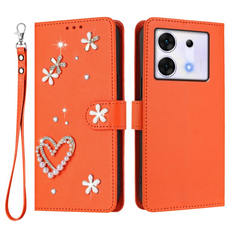 For Infinix Zero 30 5G ZS01 Double-Layer Heart Floral Vegan Leather Phone Case with Wrist Strap