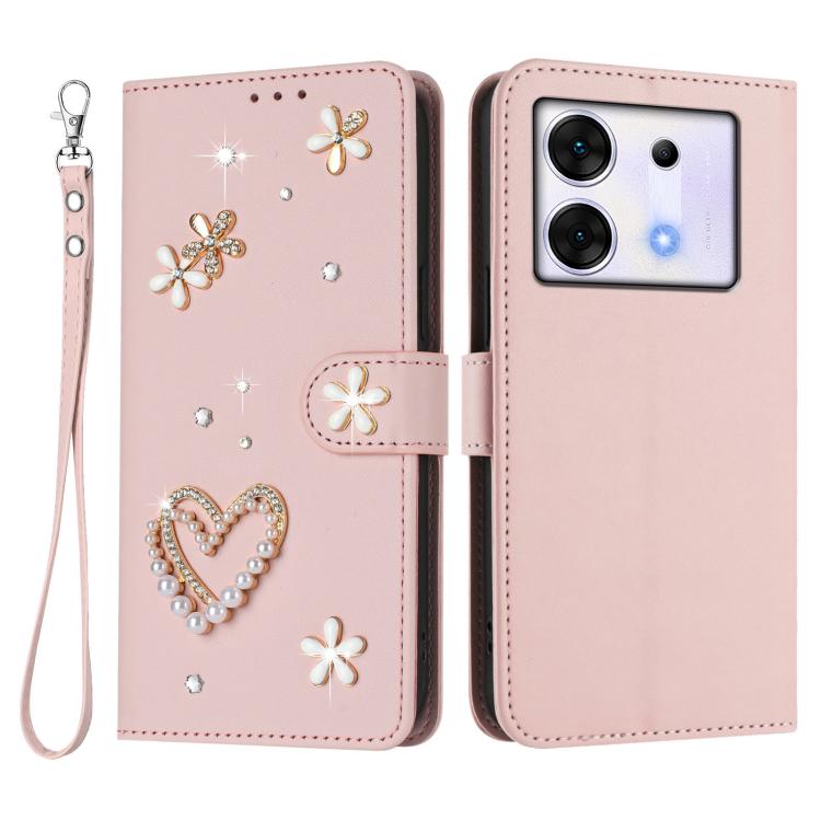 For Infinix Zero 30 5G ZS01 Double-Layer Heart Floral Vegan Leather Phone Case with Wrist Strap