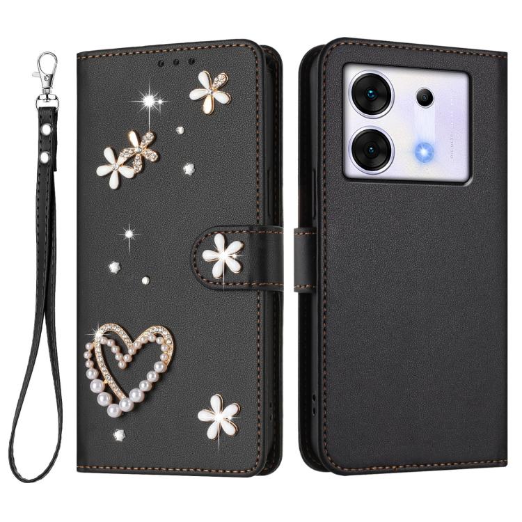 For Infinix Zero 30 5G ZS01 Double-Layer Heart Floral Vegan Leather Phone Case with Wrist Strap