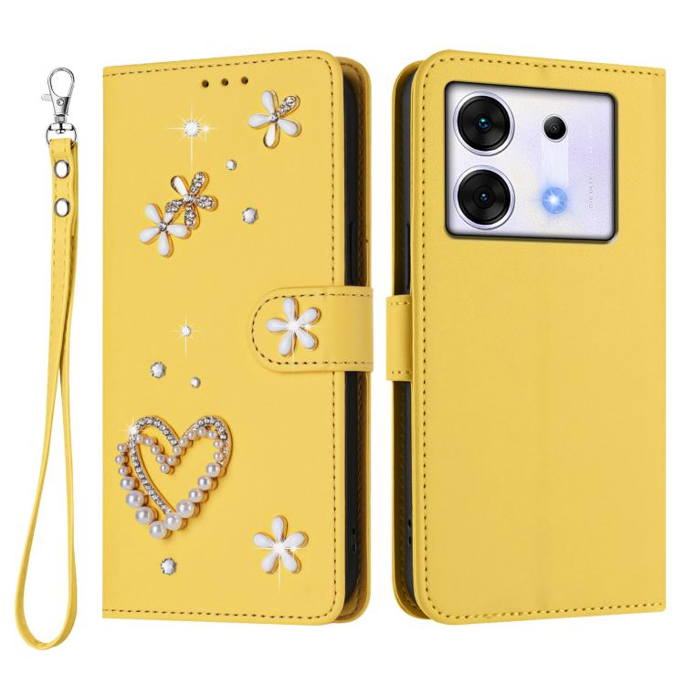For Infinix Zero 30 5G ZS01 Double-Layer Heart Floral Vegan Leather Phone Case with Wrist Strap