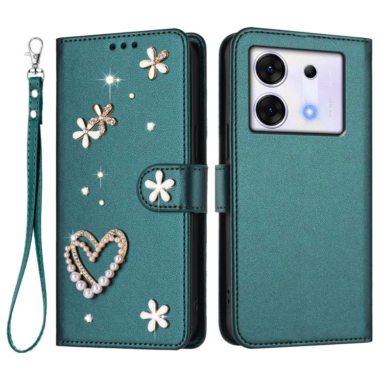 For Infinix Zero 30 5G ZS01 Double-Layer Heart Floral Vegan Leather Phone Case with Wrist Strap