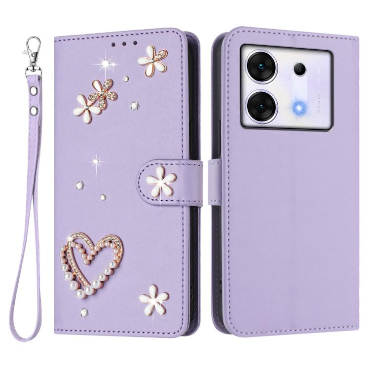 For Infinix Zero 30 5G ZS01 Double-Layer Heart Floral Vegan Leather Phone Case with Wrist Strap