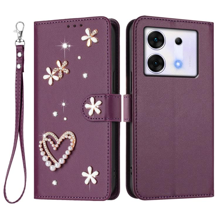 For Infinix Zero 30 5G ZS01 Double-Layer Heart Floral Vegan Leather Phone Case with Wrist Strap