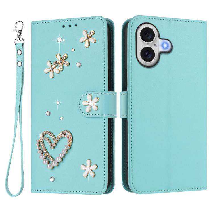 For iPhone 17 ZS01 Double-Layer Heart Floral Vegan Leather Phone Case with Wrist Strap