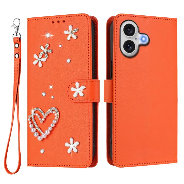 For iPhone 17 ZS01 Double-Layer Heart Floral Vegan Leather Phone Case with Wrist Strap