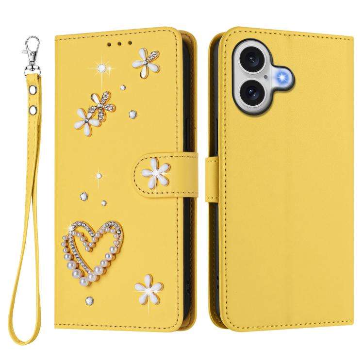 For iPhone 17 ZS01 Double-Layer Heart Floral Vegan Leather Phone Case with Wrist Strap