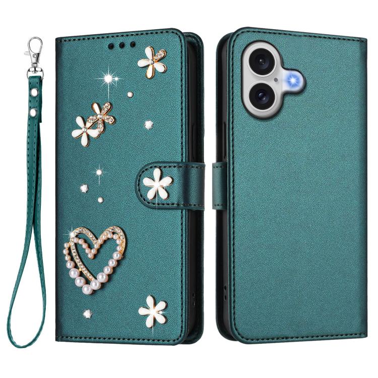 For iPhone 17 ZS01 Double-Layer Heart Floral Vegan Leather Phone Case with Wrist Strap