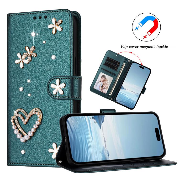 For iPhone 17 ZS01 Double-Layer Heart Floral Vegan Leather Phone Case with Wrist Strap