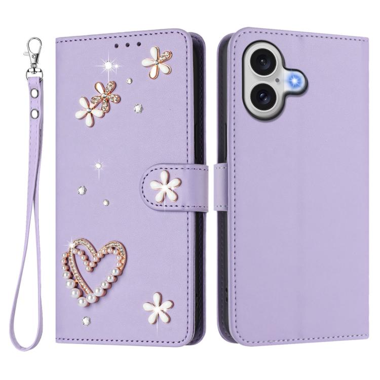 For iPhone 17 ZS01 Double-Layer Heart Floral Vegan Leather Phone Case with Wrist Strap