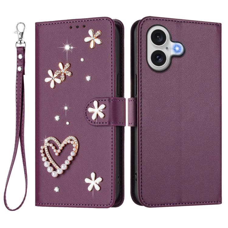 For iPhone 17 ZS01 Double-Layer Heart Floral Vegan Leather Phone Case with Wrist Strap