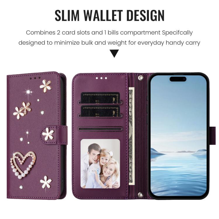 For iPhone 17 ZS01 Double-Layer Heart Floral Vegan Leather Phone Case with Wrist Strap