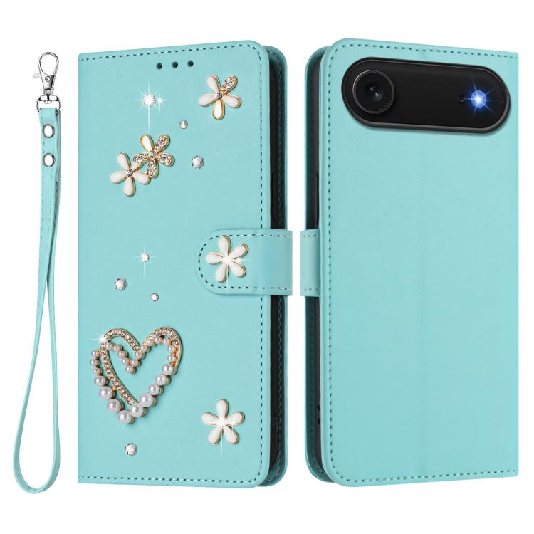 For iPhone Air ZS01 Double-Layer Heart Floral Vegan Leather Phone Case with Wrist Strap