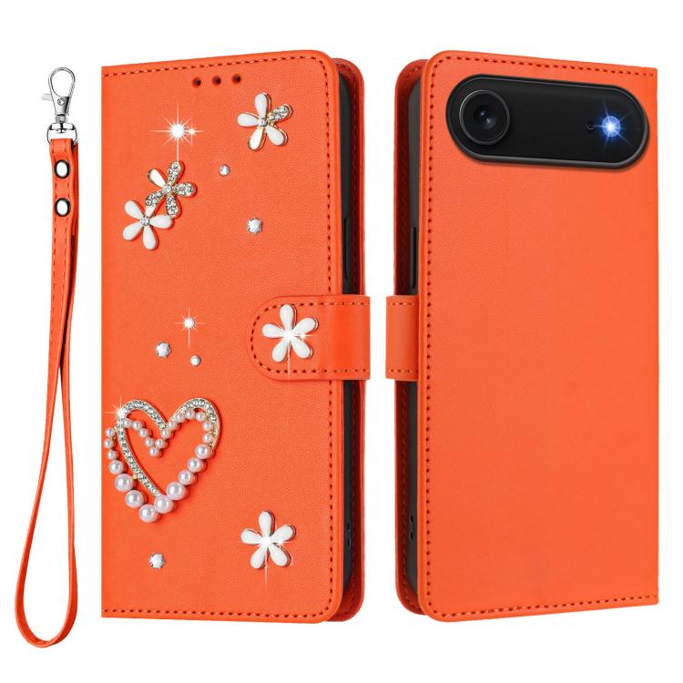 For iPhone Air ZS01 Double-Layer Heart Floral Vegan Leather Phone Case with Wrist Strap