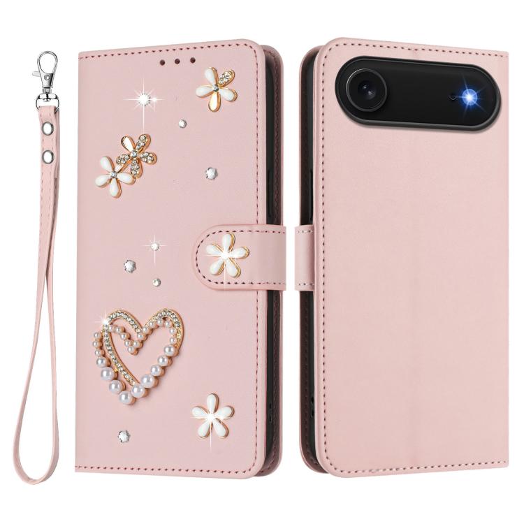 For iPhone Air ZS01 Double-Layer Heart Floral Vegan Leather Phone Case with Wrist Strap