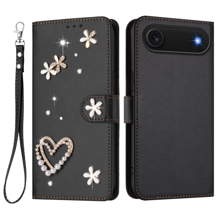 For iPhone Air ZS01 Double-Layer Heart Floral Vegan Leather Phone Case with Wrist Strap