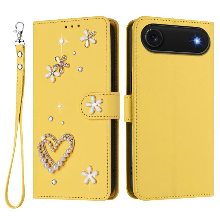 For iPhone Air ZS01 Double-Layer Heart Floral Vegan Leather Phone Case with Wrist Strap