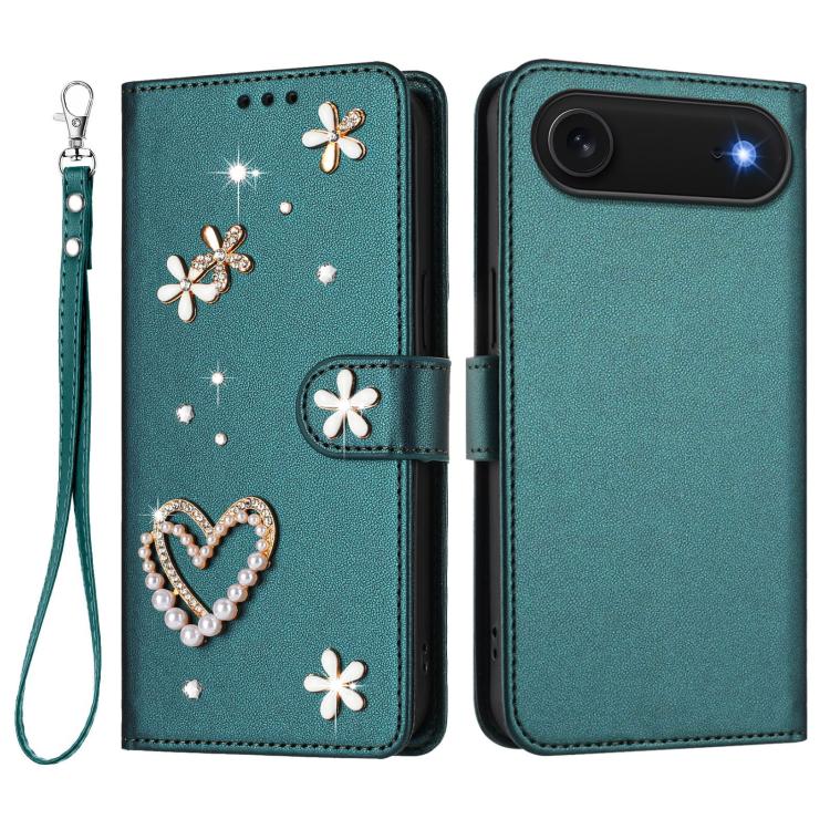For iPhone Air ZS01 Double-Layer Heart Floral Vegan Leather Phone Case with Wrist Strap