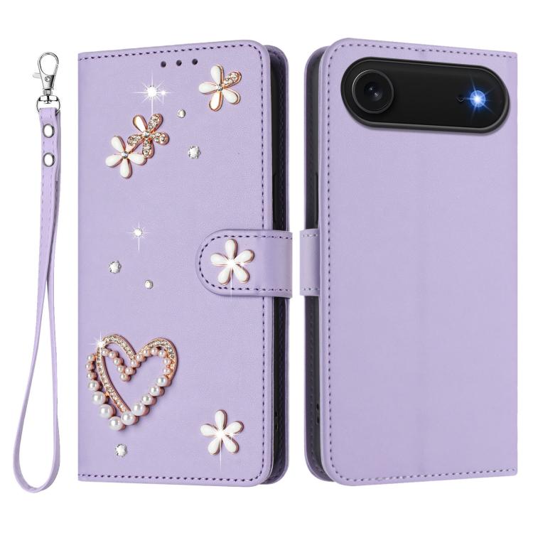 For iPhone Air ZS01 Double-Layer Heart Floral Vegan Leather Phone Case with Wrist Strap