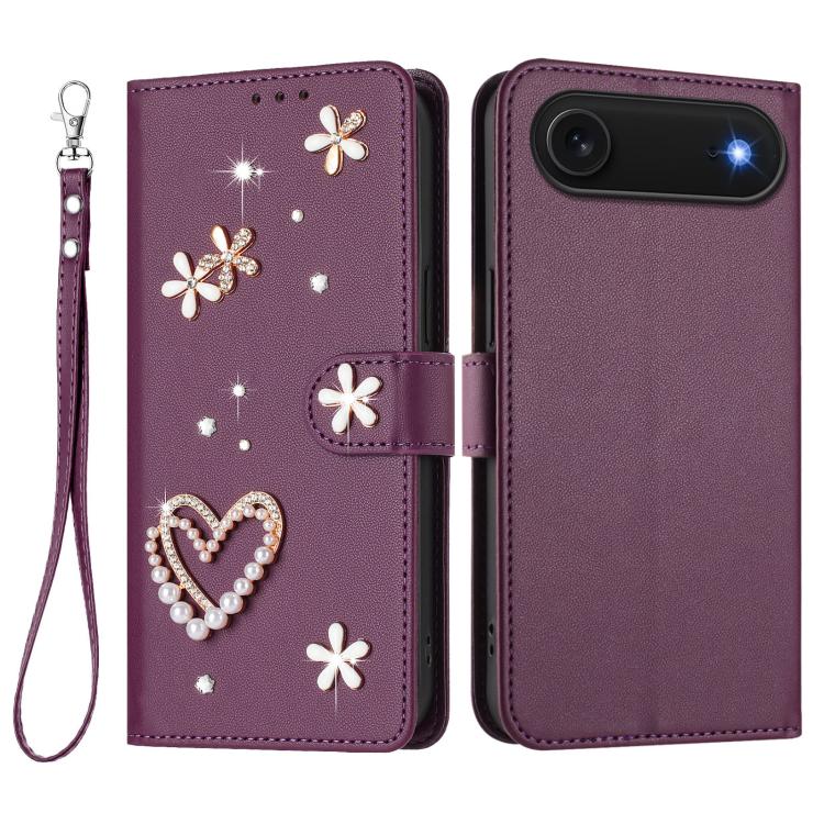 For iPhone Air ZS01 Double-Layer Heart Floral Vegan Leather Phone Case with Wrist Strap