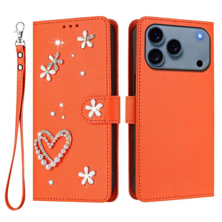 For iPhone 17 Pro ZS01 Double-Layer Heart Floral Vegan Leather Phone Case with Wrist Strap