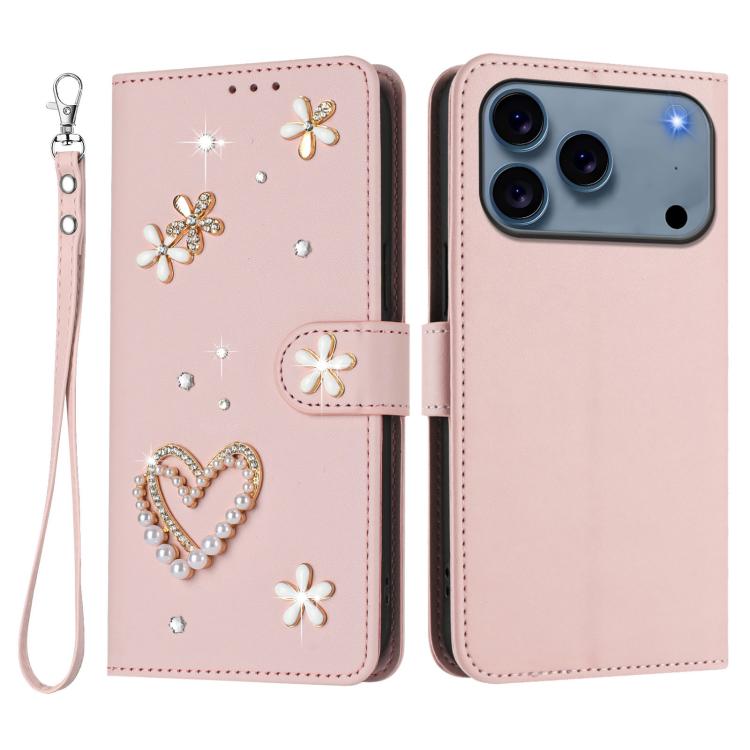 For iPhone 17 Pro ZS01 Double-Layer Heart Floral Vegan Leather Phone Case with Wrist Strap