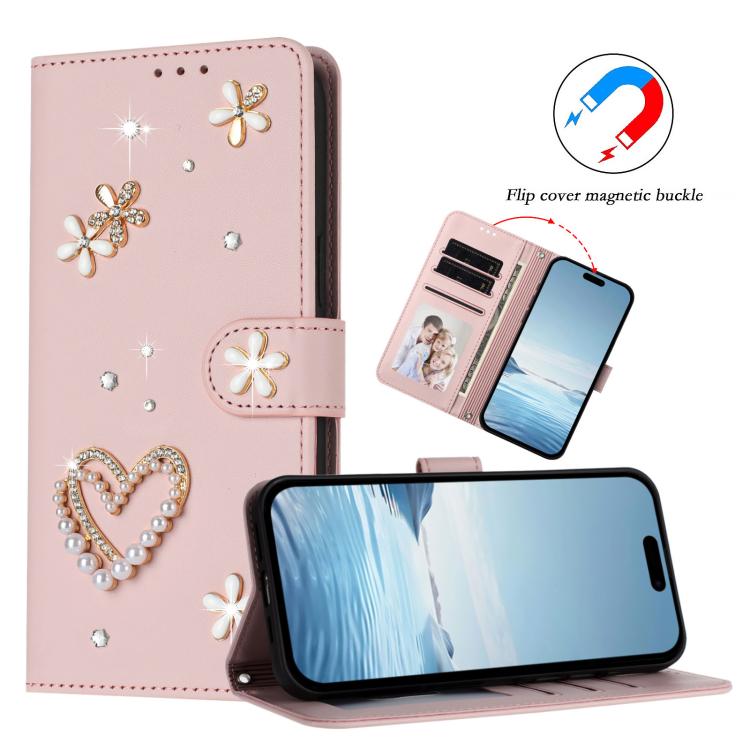 For iPhone 17 Pro ZS01 Double-Layer Heart Floral Vegan Leather Phone Case with Wrist Strap