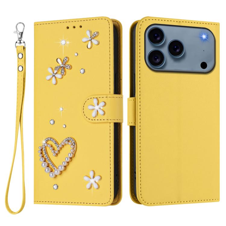 For iPhone 17 Pro ZS01 Double-Layer Heart Floral Vegan Leather Phone Case with Wrist Strap