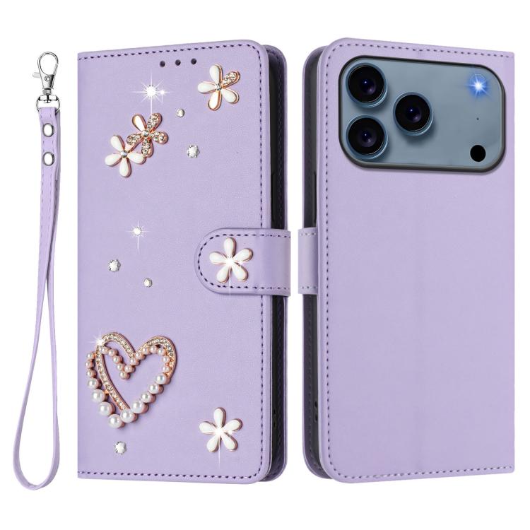 For iPhone 17 Pro ZS01 Double-Layer Heart Floral Vegan Leather Phone Case with Wrist Strap