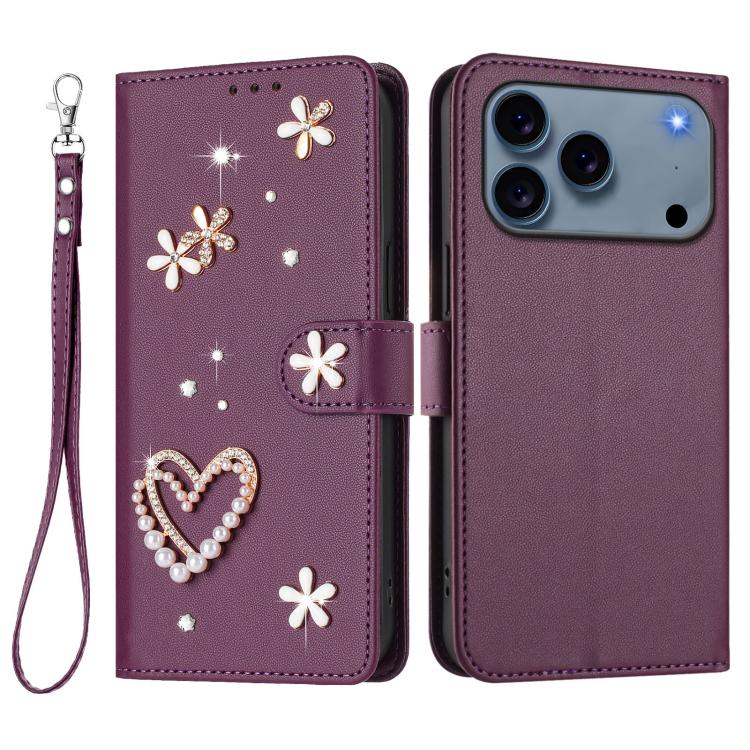For iPhone 17 Pro ZS01 Double-Layer Heart Floral Vegan Leather Phone Case with Wrist Strap