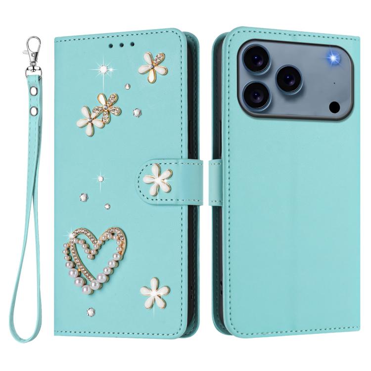 For iPhone 17 Pro Max ZS01 Double-Layer Heart Floral Vegan Leather Phone Case with Wrist Strap