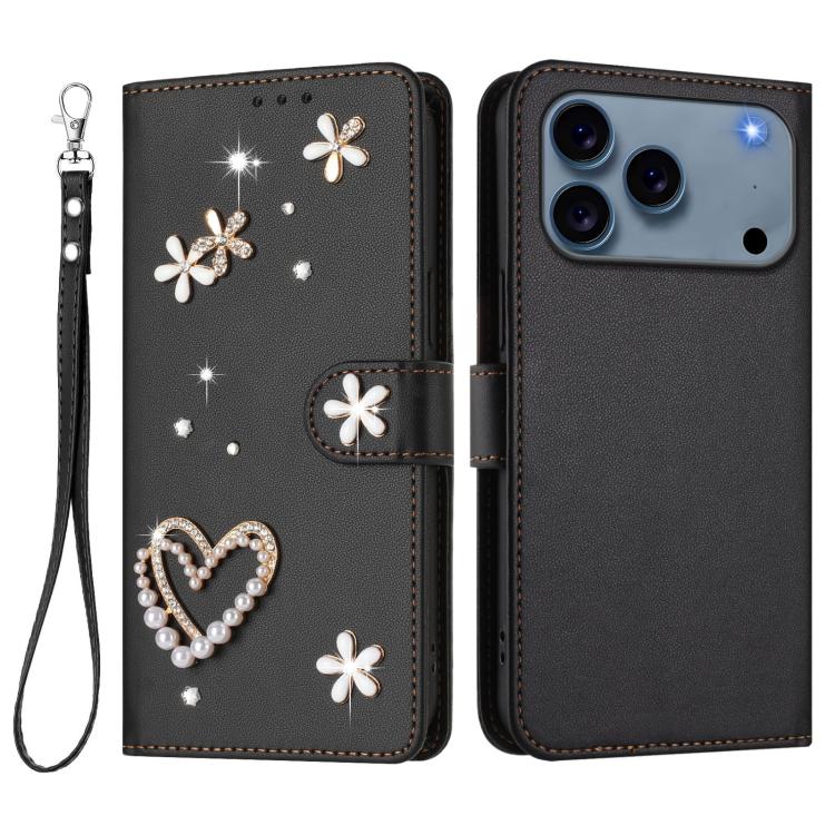 For iPhone 17 Pro Max ZS01 Double-Layer Heart Floral Vegan Leather Phone Case with Wrist Strap