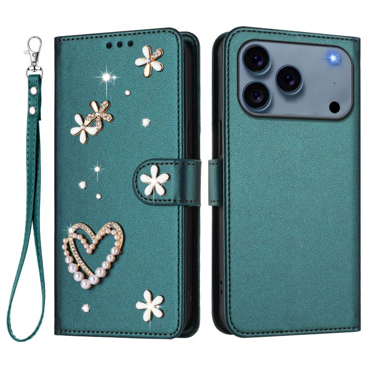 For iPhone 17 Pro Max ZS01 Double-Layer Heart Floral Vegan Leather Phone Case with Wrist Strap