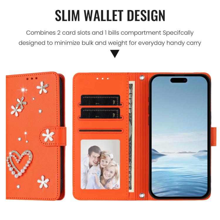 For iPhone 16 Pro Max ZS01 Double-Layer Heart Floral Vegan Leather Phone Case with Wrist Strap