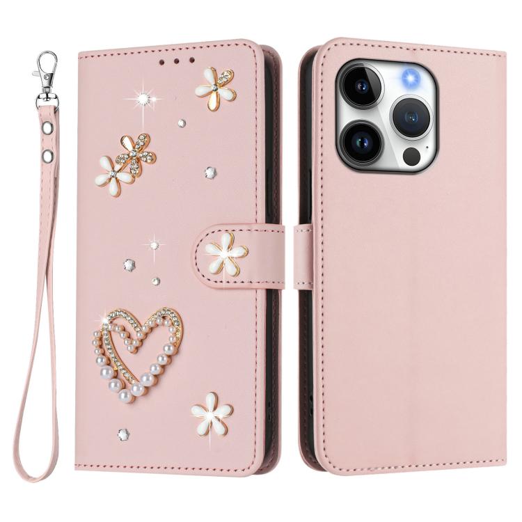 For iPhone 16 Pro ZS01 Double-Layer Heart Floral Vegan Leather Phone Case with Wrist Strap