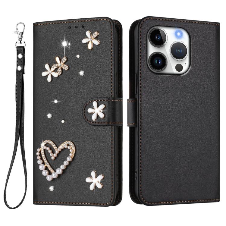 For iPhone 16 Pro ZS01 Double-Layer Heart Floral Vegan Leather Phone Case with Wrist Strap