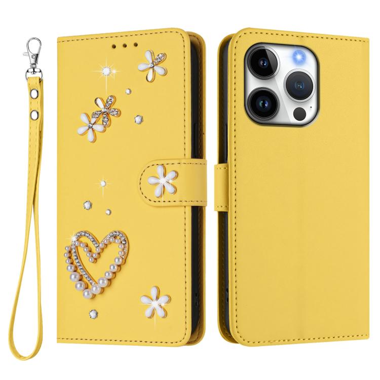 For iPhone 16 Pro ZS01 Double-Layer Heart Floral Vegan Leather Phone Case with Wrist Strap
