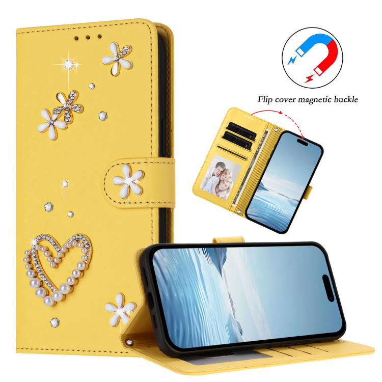 For iPhone 16 Pro ZS01 Double-Layer Heart Floral Vegan Leather Phone Case with Wrist Strap