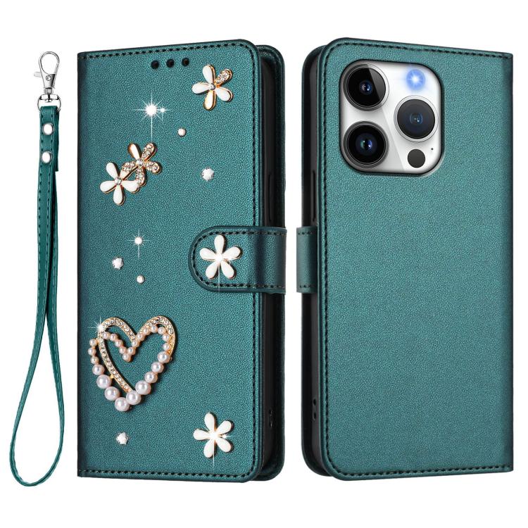 For iPhone 16 Pro ZS01 Double-Layer Heart Floral Vegan Leather Phone Case with Wrist Strap
