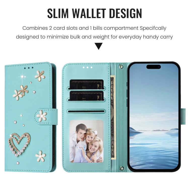 For iPhone 16 Plus ZS01 Double-Layer Heart Floral Vegan Leather Phone Case with Wrist Strap