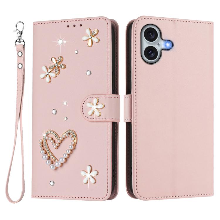 For iPhone 16 Plus ZS01 Double-Layer Heart Floral Vegan Leather Phone Case with Wrist Strap