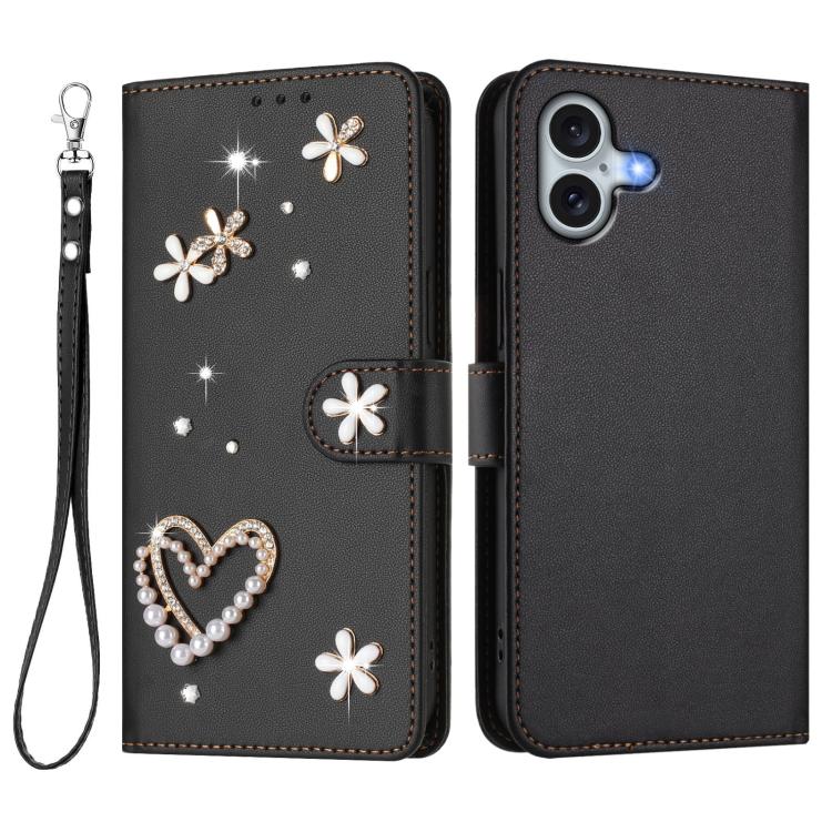 For iPhone 16 Plus ZS01 Double-Layer Heart Floral Vegan Leather Phone Case with Wrist Strap