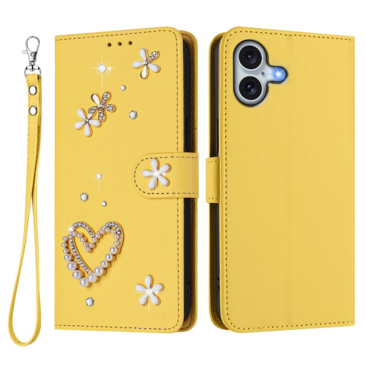 For iPhone 16 Plus ZS01 Double-Layer Heart Floral Vegan Leather Phone Case with Wrist Strap