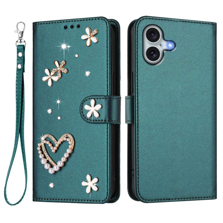 For iPhone 16 Plus ZS01 Double-Layer Heart Floral Vegan Leather Phone Case with Wrist Strap