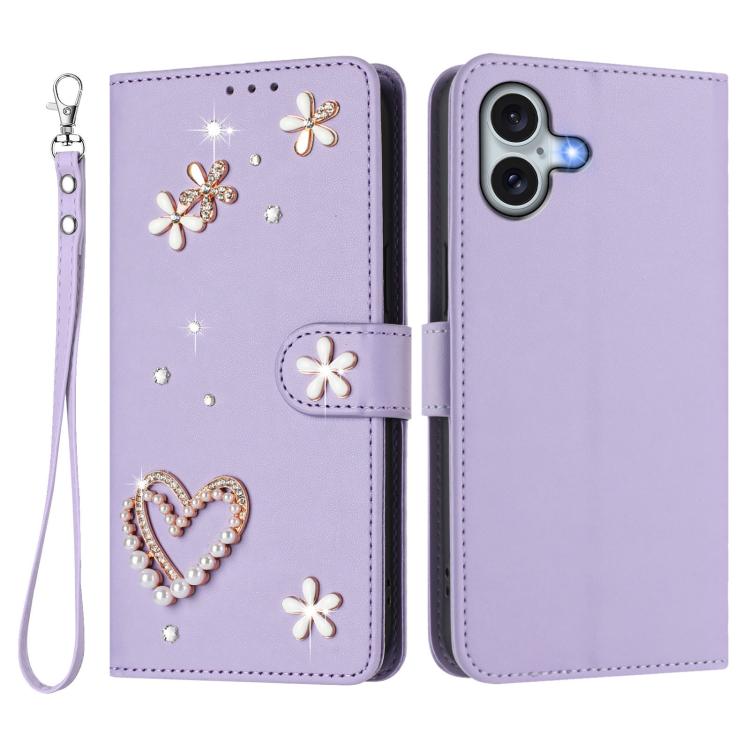 For iPhone 16 Plus ZS01 Double-Layer Heart Floral Vegan Leather Phone Case with Wrist Strap